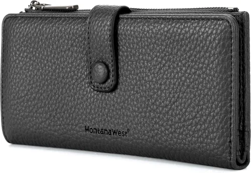 Miniatura 16 de Montana West Billetera pequeña para mujer, de piel auténtica, triple pliegue, tarjetero Rfid con cremallera y bolsillo para monedas, Un negro, Casual