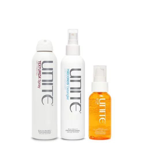 UNITE Cabello – 7SECONDS Detangler, TEXTURIZA Spray & U Oil – Añade volumen, textura y brillo brillante – Protección UV y calor – 8 onzas líquidas,