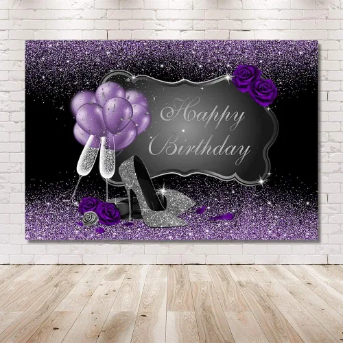 Miniatura 6 de MEHOFOND Accesorios de fondo de fotos en negro y morado, tacones altos plateados, globos de champán, globos de rosa morada, globos de mujer