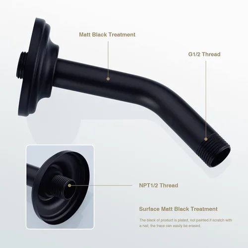 Miniatura 2 de Brazo de ducha en ángulo de 6 pulgadas con brida de acero inoxidable montado en la pared para cabezal de ducha superior, negro mate