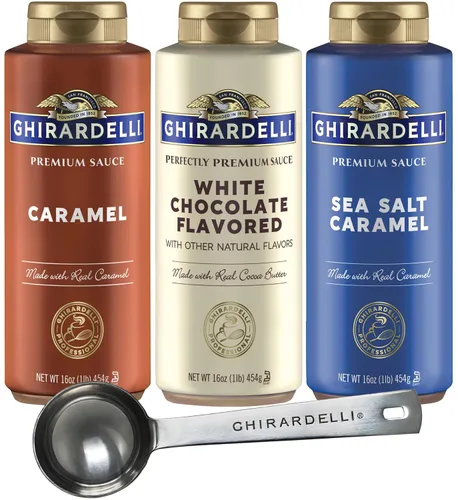 Miniatura 15 de Ghirardelli 1 - Salsas de caramelo y 2 - salsa de caramelo con sal marina, botellas de presión de 16 oz con cuchara barista estampada