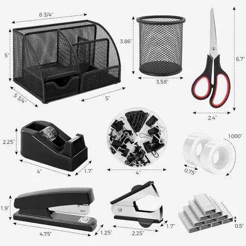 Miniatura 7 de SKYDUE Suministros de oficina negros, organizador de escritorio de malla, grapadora, dispensador de cinta, tijeras, carpeta/clips de papel y 1000