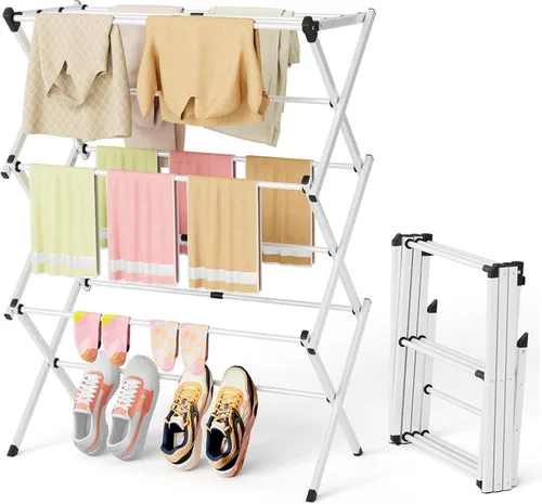 BAKON Estante de secado de ropa plegable que ahorra espacio, extensible a prueba de óxido para uso en interiores y exteriores, no requiere montaje,