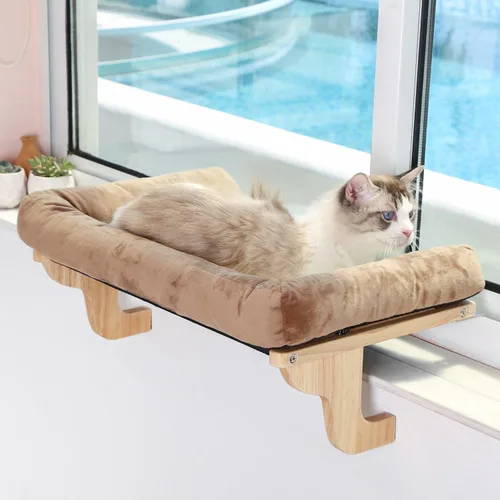 Miniatura 10 de Zakkart Percha para gato para alféizar de ventana con refuerzo, diseño ortopédico de hamaca con madera dura de primera calidad y marco de metal