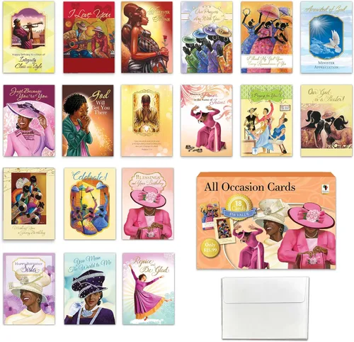 Surtido de tarjetas de felicitación cristianas afroamericanas – Juego de 18 tarjetas inspiradoras con sobres – Cumpleaños, aliento, recuperarse,
