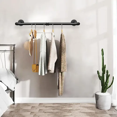 Miniatura 2 de Barra industrial de hierro para colgar ropa, para montar en la pared, perchero resistente para dormitorio, cuarto de lavado, almacenamiento de Negro