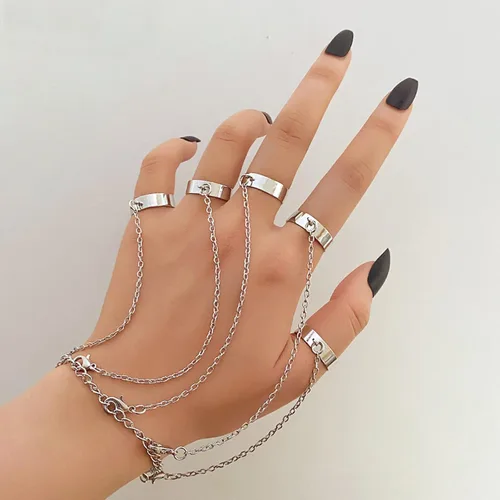Miniatura 3 de Pulsera de metal con anillo de dedo para mujer, pulsera de anillos de dedo de cadena, pulsera punk con borla y anillo, cadena ajustable, arnés