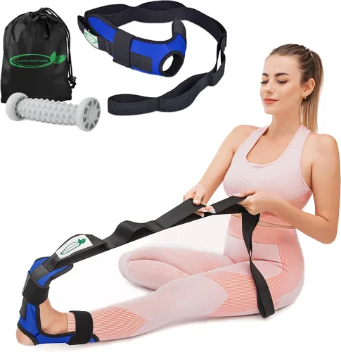 Estirador de pies y pantorrillas para fascitis plantar, incluye rodillo de masaje de pies, tendinitis de Aquiles, caída de pies, correa de