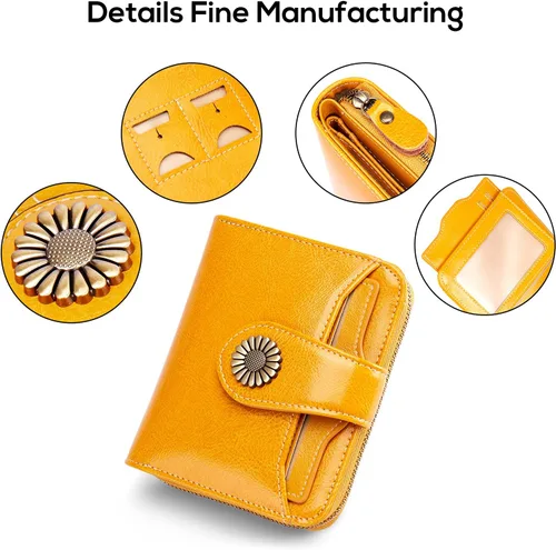 Miniatura 5 de INSIFEEL Billetera pequeña para mujer, bolso compacto de cuero con bloqueo RFID RFID para mujer, Amarillo, Retro