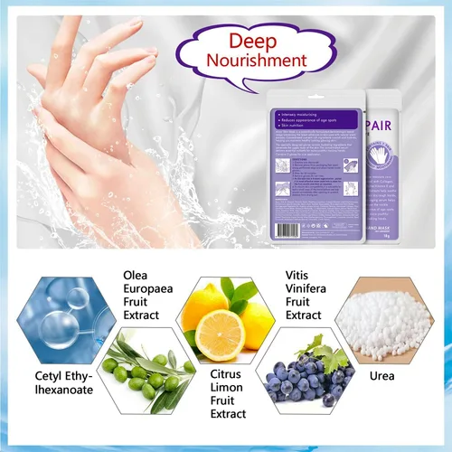 Miniatura 5 de 4 paquetes de guantes hidratantes para manos, máscara de spa para manos con colágeno, suero + vitaminas + extractos naturales de plantas para manos