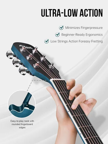 Miniatura 5 de Rosen Guitarra acústica Dreadnought de tapa sólida de 104 cm con abeto, para principiantes, con libro, bolsa acolchada, cuerdas, púas, llave Azul