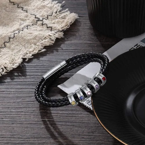 Miniatura 33 de Pulsera personalizada para el Día del Padre para hombre, pulseras personalizadas de cuero trenzado negro con cuentas grabadas de 1 a 8 nombres