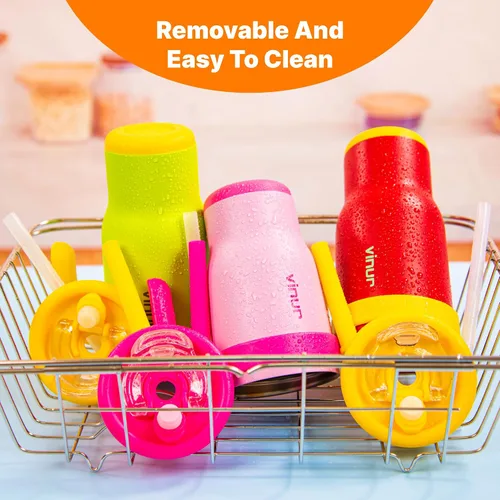 Miniatura 9 de VINUR Vaso para niños con asa - 14 oz de acero inoxidable con aislamiento al vacío de doble pared con tapa y pajita, vaso de agua de viaje