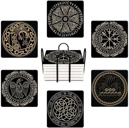 Miniatura 8 de HUXJOKO Juego de 6 posavasos para bebidas, posavasos de cerámica absorbente mágica vikinga negra, alfombrilla redonda de piedra, con base de corcho