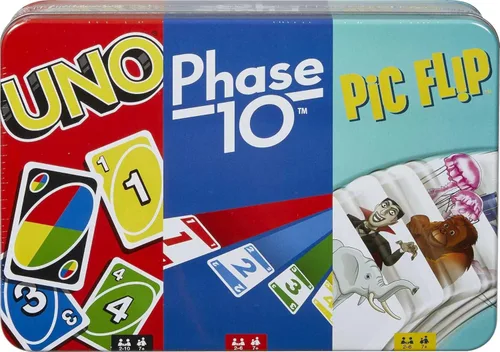 Mattel Games UNO, Phase 10 and Pic Flip Bundle, 3 juegos de cartas Mattel en lata de almacenamiento decorativa, para niños, familia y adultos, 7