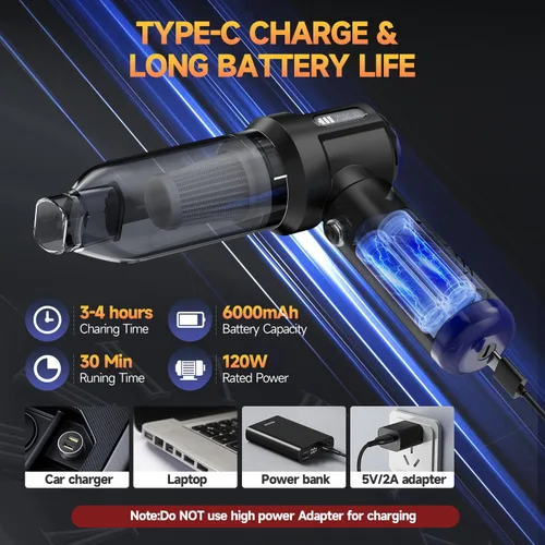 Miniatura 5 de Aspiradora de Coche Portátil Inalámbrica de Alta Potencia Pequeña Aspiradora de Mano 4-en-1 Soplador de Aire Comprimido y Soplador de Aire y Bomba