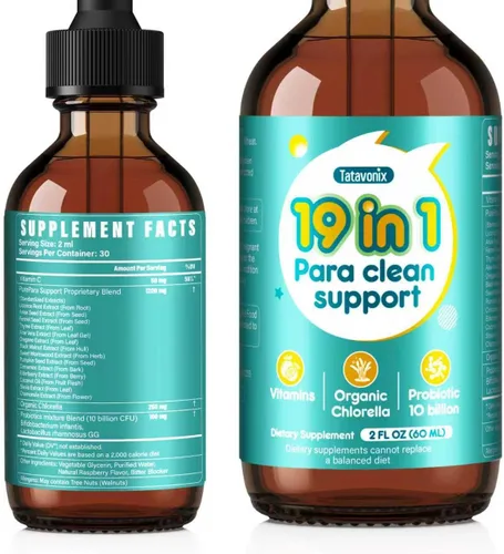 Gotas de Limpieza Intestinal Herbal 19 en 1 - Ajenjo, Nogal Negro, Chlorella 250mg, Probióticos 10B, Clavo y Orégano - Soporte de Desintoxicación