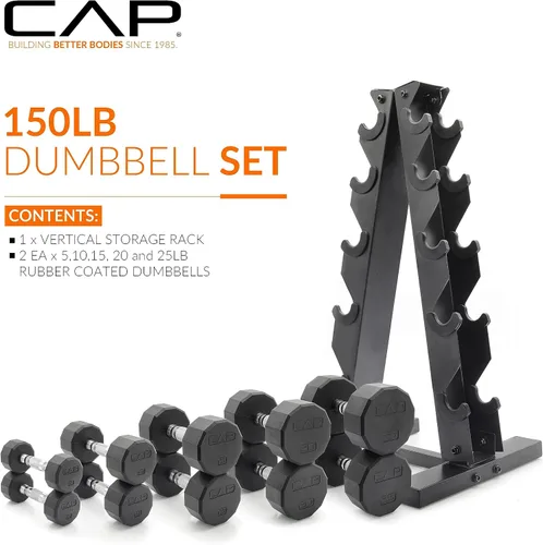 Miniatura 18 de CAP Barbell Juego de mancuernas hexagonales recubiertas de 150 libras con estante vertical Múltiples opciones Estante azul
