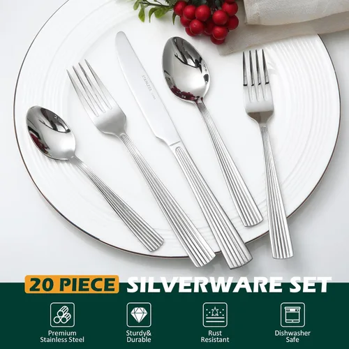 Miniatura 4 de DECCO - Juego de cubiertos de 20 piezas (tenedor de cena, tenedor de ensalada, cuchillo, cuchara, cucharadita) en cubiertos aptos para lavavajillas