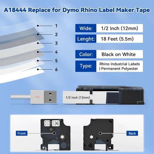 Miniatura 2 de 18444 - Cinta de vinilo permanente blanca de 1/2 pulgada de repuesto para Dymo Rhino 4200 5200 6000, 6500, 3M PL100 RhinoPro, 0.472 in, etiquetas
