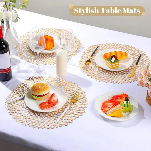 Miniatura 5 de Sieral 24 manteles individuales de vinilo redondos a granel de 15 pulgadas con diseño de hojas huecas metálicas, platos de carga prensados
