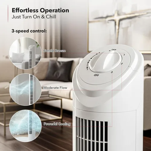 Miniatura 4 de OVENTE Ventilador de torre de 32 pulgadas para dormitorio, ventilador de soporte portátil con oscilación de 90°, velocidad ajustable, ventilador