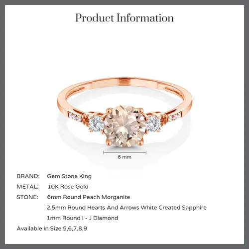 Miniatura 56 de Gem Stone King Anillo de compromiso de 3 piedras preciosas redondas de oro rosa de 10 quilates, 0.236 in, piedra natal, zafiro blanco y diamante