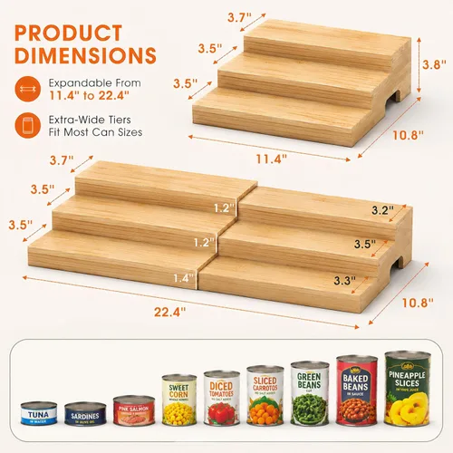 Miniatura 4 de Organizador de latas de madera expandible de 3 niveles para despensa, estante ajustable con capacidad para 24 latas, estante de almacenamiento