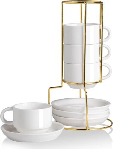 Miniatura 16 de Sweejar - Tazas de café de porcelana con platillos, tazas de capuchino apilables de 4 onzas con soporte de metal para bebidas de café, café