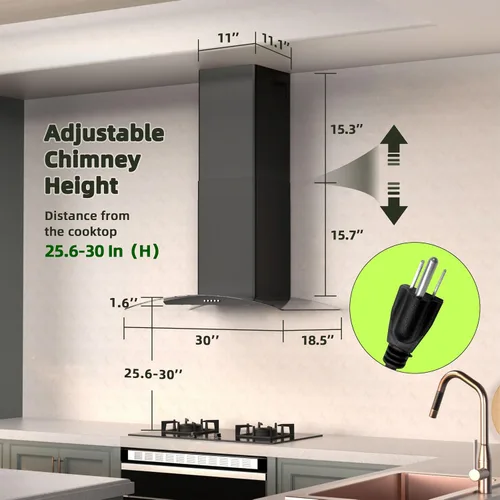 Miniatura 8 de FIREGAS Campana extractora de montaje en pared de 30 pulgadas con ventilador de 3 velocidades, campana extractora negra con vidrio templado, 400