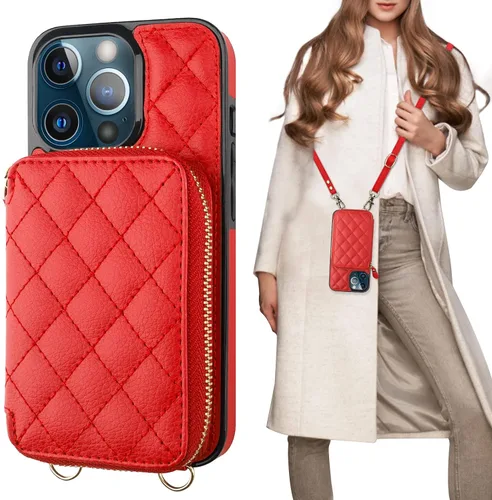 Miniatura 10 de Bocasal Funda tipo cartera cruzada para iPhone 13 Pro, con bloqueo RFID, de piel sintética, con cremallera, funda tipo cartera con función atril