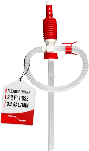 TERA PUMP Bomba de transferencia de combustible portátil manual, manguera de descarga de 2.2 pies, clip integrado en la boquilla, bomba de sifón