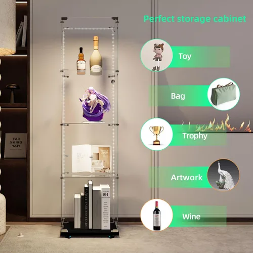 Miniatura 5 de Vitrina de cristal con 4 estantes con tira de luces LED y cerradura, vitrina de vitrina con ruedas y 1 puerta, vitrina de vidrio templado para sala