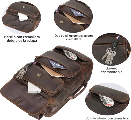 Miniatura 4 de TIDING Mochila para portátil de cuero de grano completo de 17.3 pulgadas para hombres, maletín de negocios convertible para fin de semana, bolsa