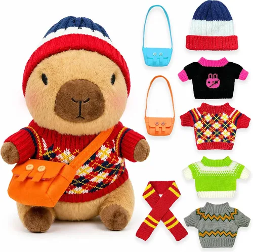 Miniatura 9 de Capybara - Juguete de peluche con 7 piezas de ropa y accesorios, lindo animal de peluche Capybara con trajes (marrón)