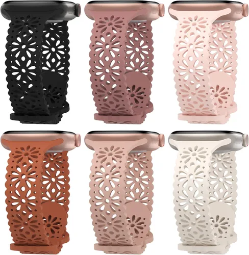 Miniatura 11 de Paquete de 6 correas de silicona delgadas y huecas de encaje compatibles con Apple Watch de 1.496 pulgadas, 1.575 pulgadas, 1.614 pulgadas, 1.654