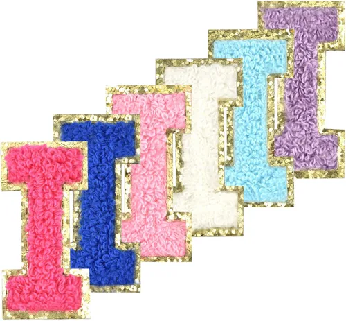 Miniatura 16 de 6 piezas de parches de letras de chenilla autoadhesivas con purpurina para planchar, parches de letras universitarias estilo preppy, letras difusas