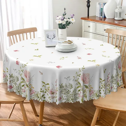 Mantel redondo floral de primavera y verano de 48 pulgadas, diseño de flores rosas en acuarela, plantas botánicas, mantel decorativo de tela lavable