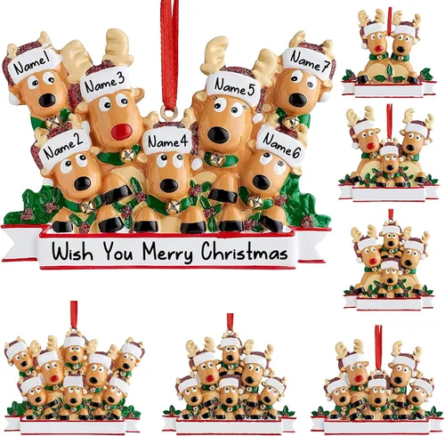 Adornos Navideños Personalizados de Ciervo 2025 Familia de 2,3,4,5,6,7,8 Adorno Navideño de Reno con Nombre Personalizado con Texto, Regalos de