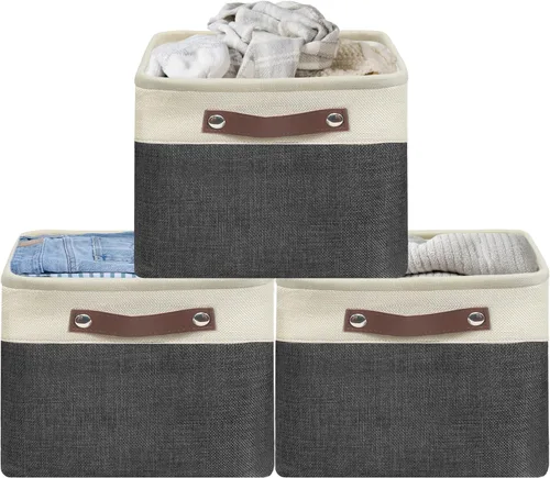 Miniatura 13 de Simple Houseware Cubos de almacenamiento de tela grandes de 13 x 13 pulgadas para armario y organizador de cubos, paquete de 3, color beige