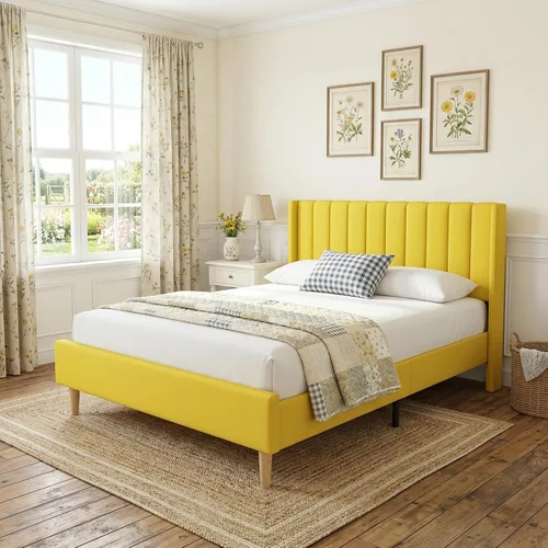 Miniatura 20 de Base de cama Queen con cabecero, base de cama de plataforma con respaldo de terciopelo vertical copetudo, soporte de listones de madera, no necesita