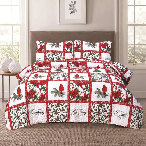 Miniatura 4 de HowPlum Christmas Cheer Winter Script Edredón Ligero de Vacaciones Juego de Ropa de Cama Full/Queen, Rojo Verde Blanco