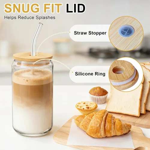 Miniatura 4 de Vasos de vidrio con tapas y pajitas, 1 paquete, tazas de café de vidrio, taza de vidrio con tapa para café helado, batido, cóctel, cerveza, whisky