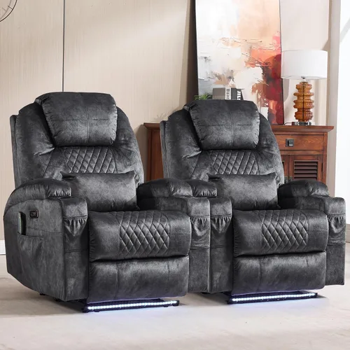 Miniatura 18 de Silla reclinable eléctrica con calor y masaje para adultos, asiento de cine en casa con luces LED, portavasos, bolsillo lateral, puerto USB, sofá