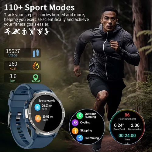 Miniatura 4 de Smart Watches for Men with 4 Buttons, 1.43'' AMOLED Fitness Watch with Heart Rate/BP/Sleep Tracker, Pedometer, 110+ Sport Modes, Password, Blue