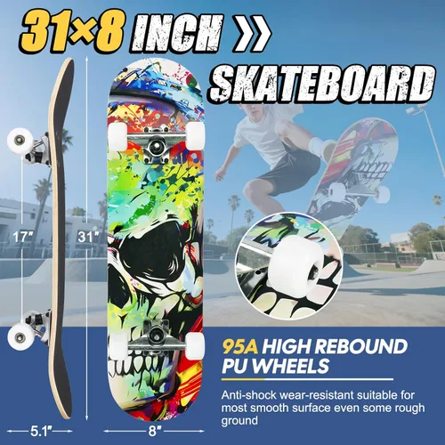 Miniatura 2 de Patinetas para principiantes, adultos, jóvenes, adolescentes, niños o niñas, de 31 x 8 pulgadas, patinetas completas de 7 capas de madera de arce