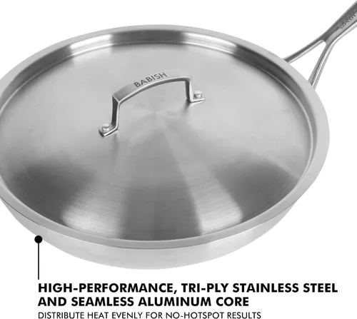 Miniatura 6 de Babish Sartén de acero inoxidable de tres capas de grado profesional con tapa, 5 cuartos de galón y 12 pulgadas de acero inoxidable triple de grado