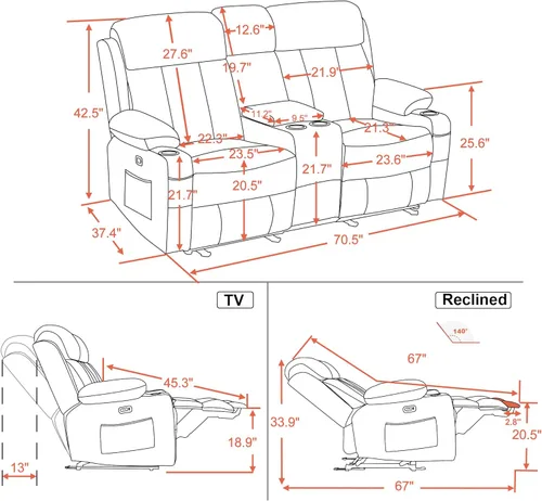 Miniatura 3 de MCombo Sillón reclinable eléctrico de dos plazas con consola, calor y masaje, sofá reclinable para sala de estar, cuero sintético 6095