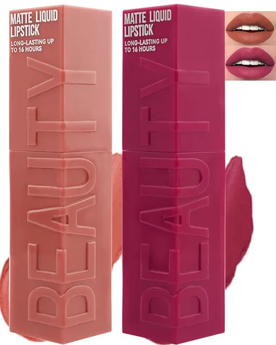 Miniatura 14 de Lápiz labial líquido mate para mujeres - 2 unidades, rosa nude y rojo vino, tinte labial altamente pigmentado, brillo labial mate aterciopelado