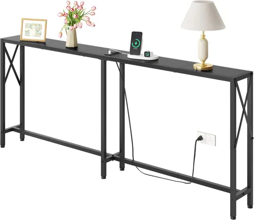 Miniatura 13 de Gewudraw Mesa consola de 41.7 pulgadas con tomacorriente, mesa estrecha detrás del sofá, diseño industrial delgado para pasillo, entrada, sala